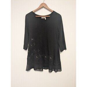 LOGO Lori Goldstein Women's Black Embellished Floral Tunic Top S  3/4 Sleeve
